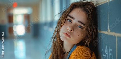 Young Woman Leaning Against Wall In Hallway