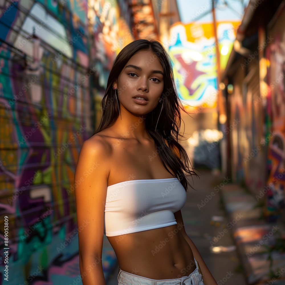 Naklejka premium woman in white top posing in graffiti alley