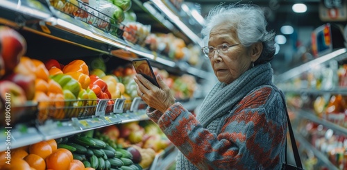 Senior Woman Using Phone in Produce Aisle