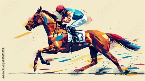 Multicolor art deco racehorse and jockey minimal background