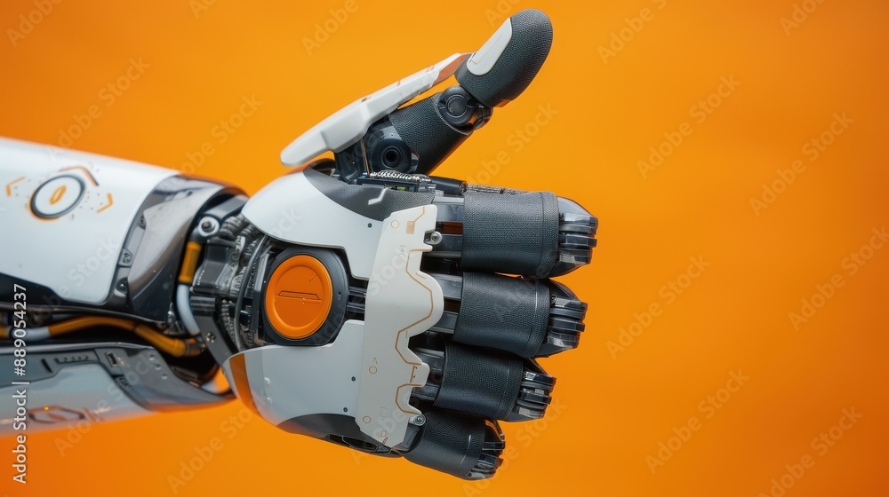 A robot hand with a thumb up is shown on a bright orange background. The robot hand is made of metal and has a white and black color scheme A robot hand with a thumb up is shown on a bright orange background. The robot hand is made of metal and has a white and black color scheme