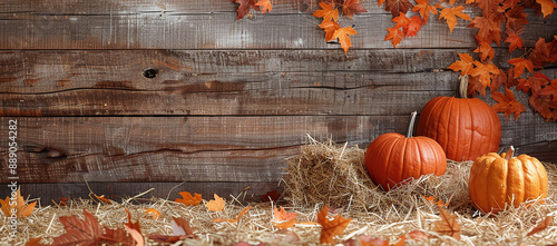 pumpkins and hay on wooden background, Halloween decoration for fall season