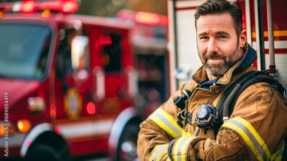 Portrait of fire fighter man with equipment standing in front of a fire truck. Portrait of fire fighter man with equipment standing in front of a fire truck.