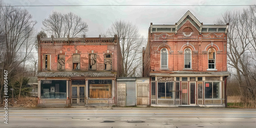 Fototapeta Naklejka Na Ścianę i Meble -  Forgotten Dreams of a Fading Empire: Abandoned buildings and boarded-up storefronts line a once-thriving main street in a small town.