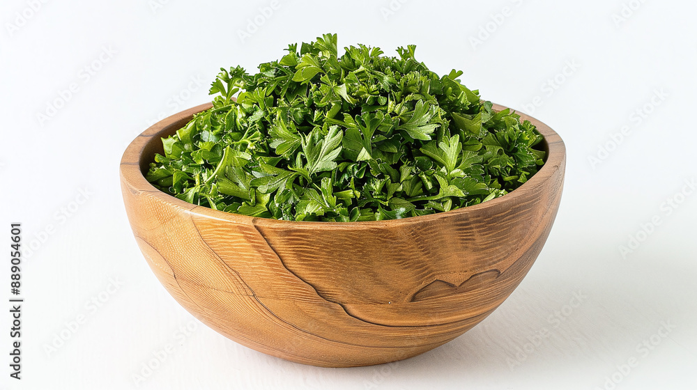 Dried parsley in wood bowl on white background Dried parsley in wood bowl on white background