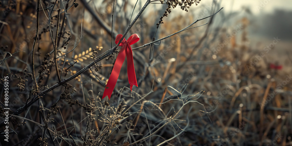 Empty Promise of a Fading Hope: A lone ribbon, its colors faded with age, hangs from a withered branch overgrown with weeds, symbolizing the lost potential of a nation. Empty Promise of a Fading Hope: A lone ribbon, its colors faded with age, hangs from a withered branch overgrown with weeds, symbolizing the lost potential of a nation.