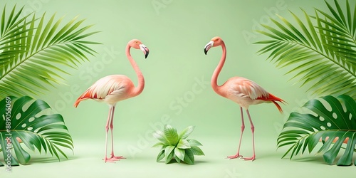 Tropical Background Two flamingos standing in front of green leaves