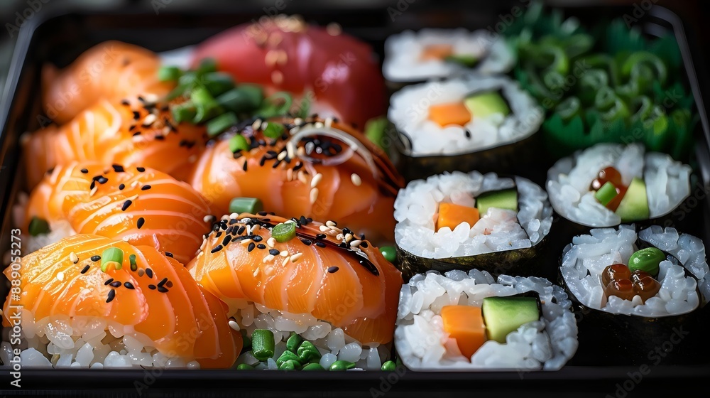 A tray of sushi with a variety of different types of sushi rolls A tray of sushi with a variety of different types of sushi rolls
