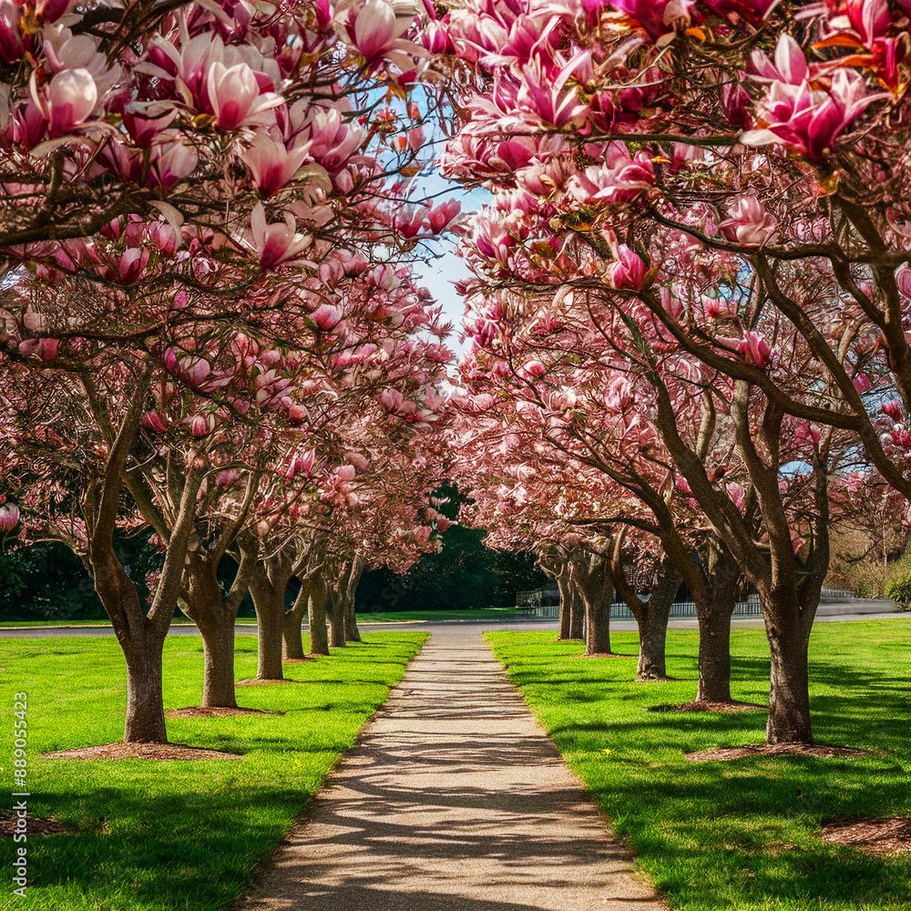 Blossoming magnolia trees alongside a path, spring tulip tree with pinkish blooms Blossoming magnolia trees alongside a path, spring tulip tree with pinkish blooms