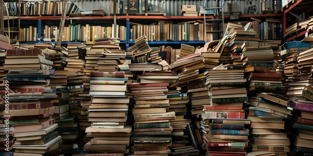 Erased Legacy: A warehouse filled with discarded books, their spines creased from years of neglect and disuse, testifies to the erasure of American history. Erased Legacy: A warehouse filled with discarded books, their spines creased from years of neglect and disuse, testifies to the erasure of American history.