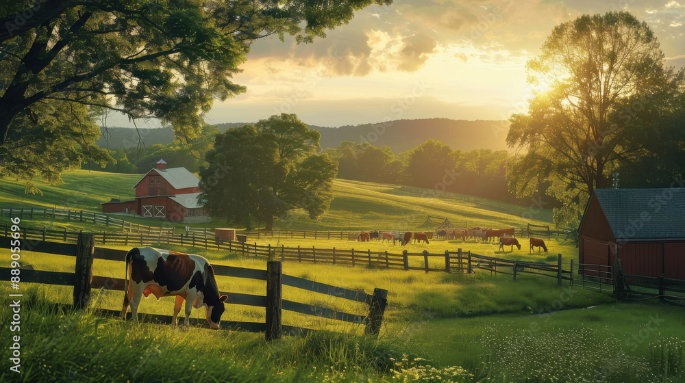 Obraz premium A serene morning on a dairy farm with a farmer milking a cow, cows grazing in the background