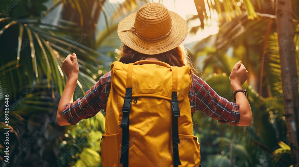 Obraz premium young female adventurer traveler in straw hat yellow backpack walking lush green forest setting exploration