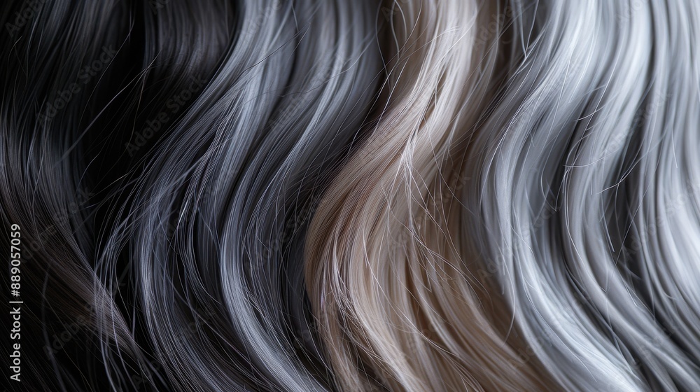 Naklejka premium A row of hair with different colors and textures. The hair is long and flowing, with some sections being darker and others lighter. Concept of diversity and individuality