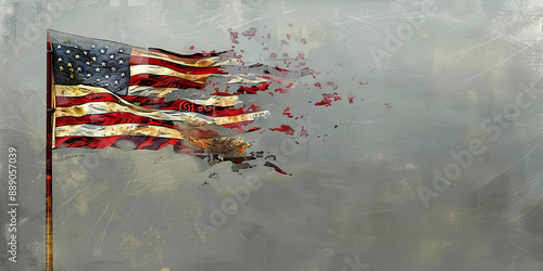 Fading Star-Spangled Banner: A tattered American flag, half-mast against a gray sky.