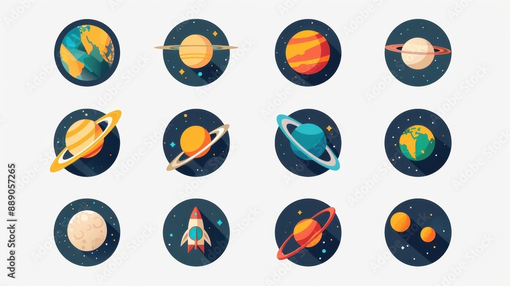 A collection of space-themed stickers, including planets, rockets, and suns. The stickers are arranged in a grid, with each one featuring a different celestial object. Scene is one of wonder A collection of space-themed stickers, including planets, rockets, and suns. The stickers are arranged in a grid, with each one featuring a different celestial object. Scene is one of wonder