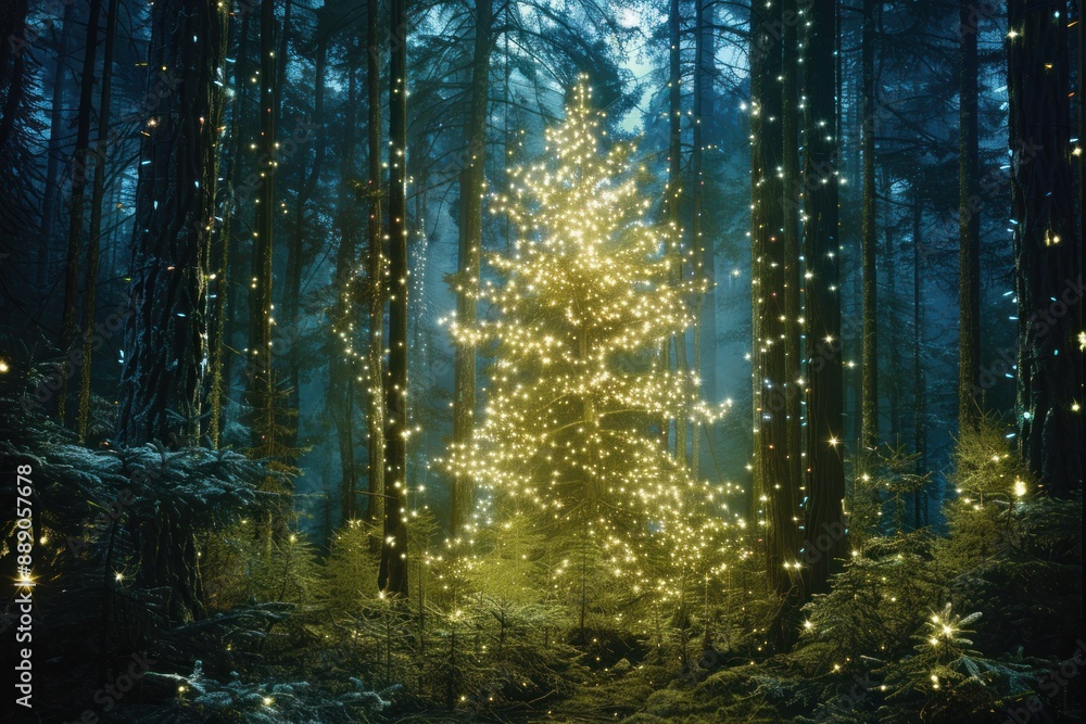 A Christmas tree is lit up with lights in a forest A Christmas tree is lit up with lights in a forest