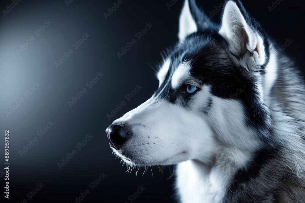 Siberian Husky side profile, focused gaze, dark background Siberian Husky side profile, focused gaze, dark background