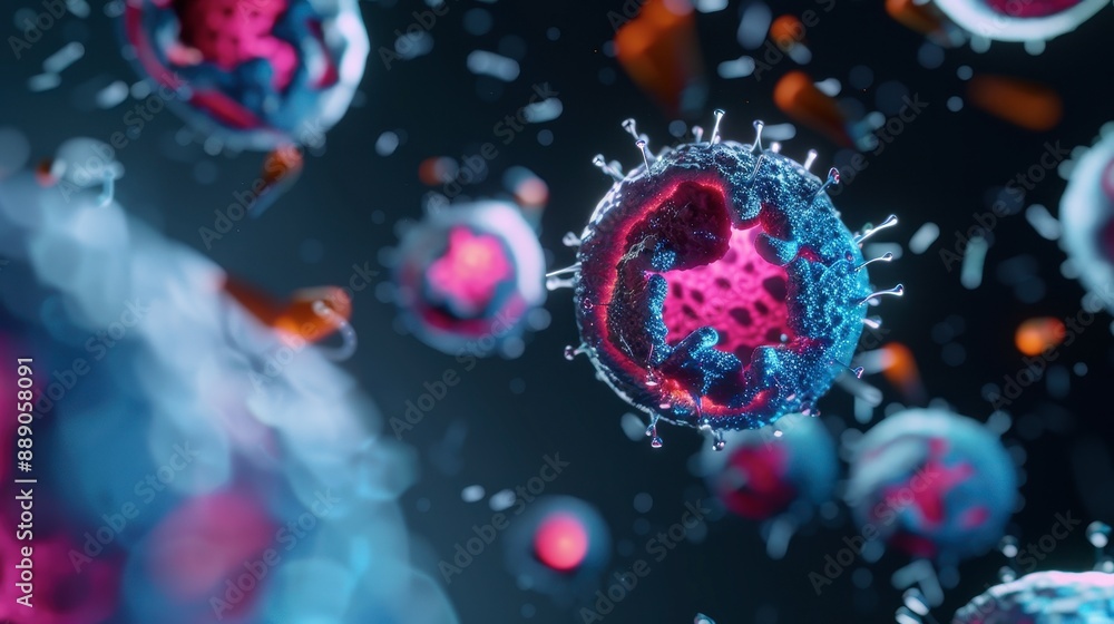 Human cell in a virtual biolab, 3D model, bright colors, detailed structures, futuristic design