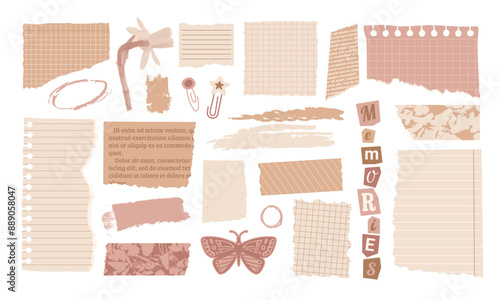Old paper sheets set. Vintage ragged  note cards, torn newspaper, lined copybook element. Clip and halftone flower and butterfly. Magazine memories word. Retro scrapbook. Vector collage illustration