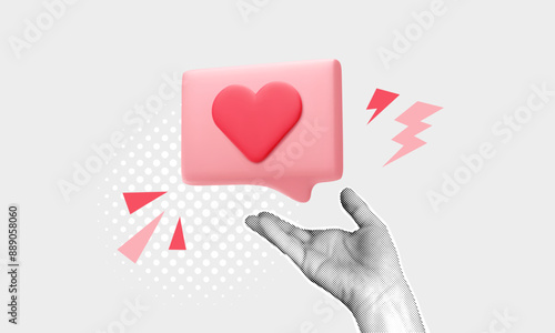 Like collage concepts. Halftone hand holding 3d speech bubble with heart. Flash graphics. Social media, internet notification, blogging addiction banner. Vector illustration. Giving love metaphor