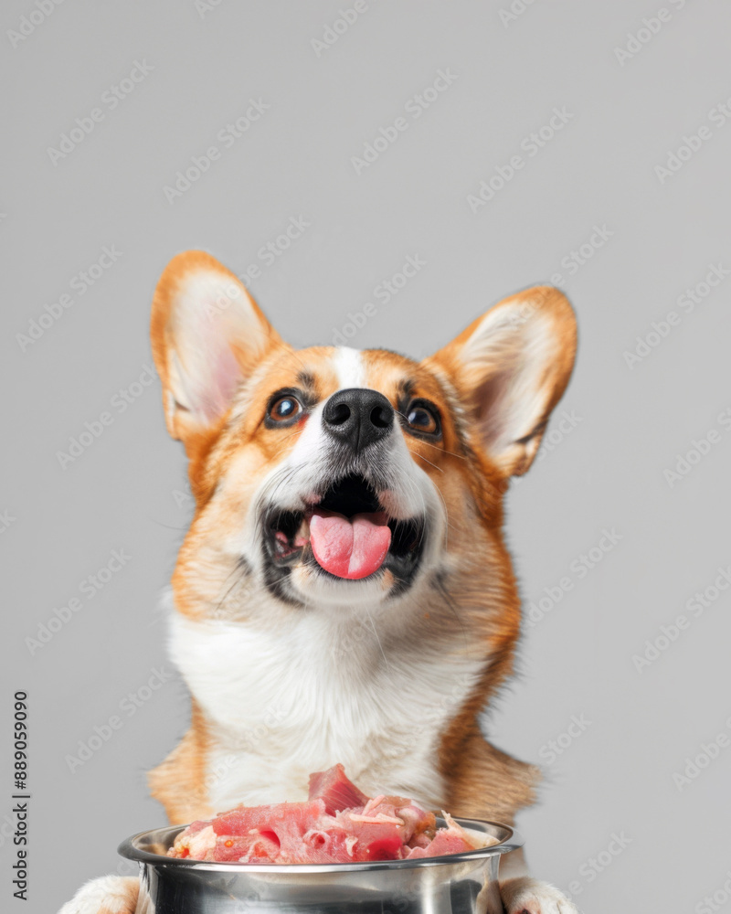 Pembroke Corgi excitedly presenting a bowl of fresh and balanced dog food Pembroke Corgi excitedly presenting a bowl of fresh and balanced dog food