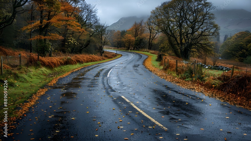 Fototapeta premium A scenic road with a tree lining one side, under a clear blue sky.