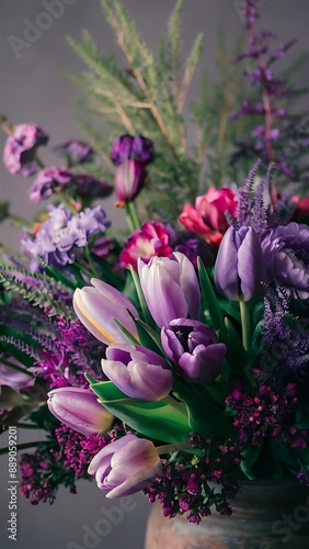 Bunch of purple lilac lavender violet tulips bouquet of mixed flowers