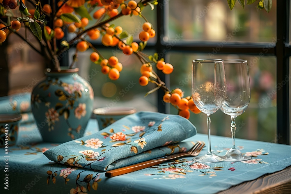 Fototapeta premium A table with two wine glasses and a vase of oranges.