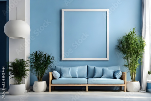 Empty frame poster mockup in a minimalist interior blue  living room with armchairs and potted plants