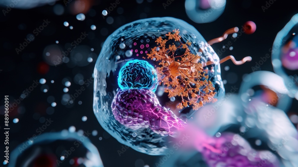 Naklejka premium Human cell with biotech interfaces, 3D model, vibrant colors, detailed illustration, advanced tech setting