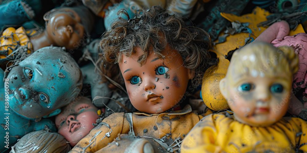 A heap of broken toys and discarded dolls, symbolizing lost innocence and hope. A heap of broken toys and discarded dolls, symbolizing lost innocence and hope.