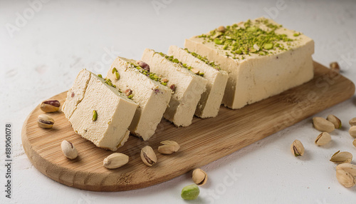 Slices of traditional sesame halva with pistachios on wooden board. Sweet food. Delicious dessert