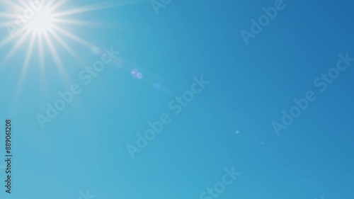 Sun Shining Bright In Clear Blue Sky. Solar Energy Power Concept Of Natural Bright Sun Light Ray. Tropical Summer Sunlight. Atmosphere And Ozone Layer.