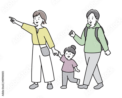 手を繋いで外出をする家族のイラスト素材