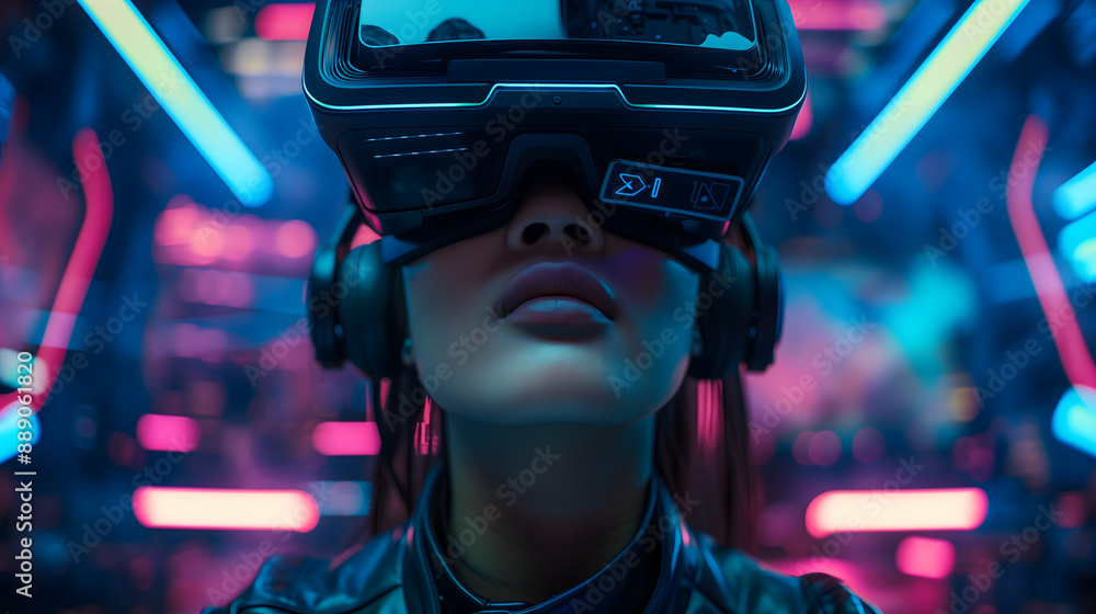 A person wearing VR goggles against an abstract cyberpunk tech-style background. A person wearing VR goggles against an abstract cyberpunk tech-style background.