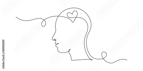 Continuous one line drawing of head with heart inside. Concept of falling in love and empathy symbol in simple linear style. Good mental health in editable stroke. Doodle vector illustration