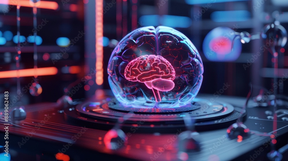Fototapeta premium Human cell with advanced holograms, 3D model, neon colors, detailed illustration, high-tech environment