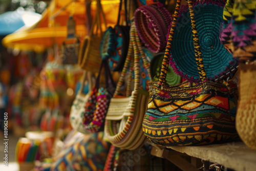 Colorful handmade bags are hanging at a local market stall, displaying local craftsmanship and vibrant colors