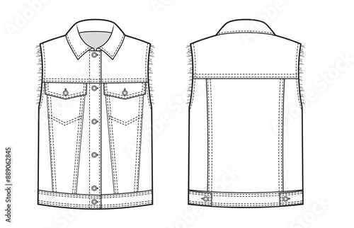 Jeans vest flat sketch. Denim waistcoat apparel design.