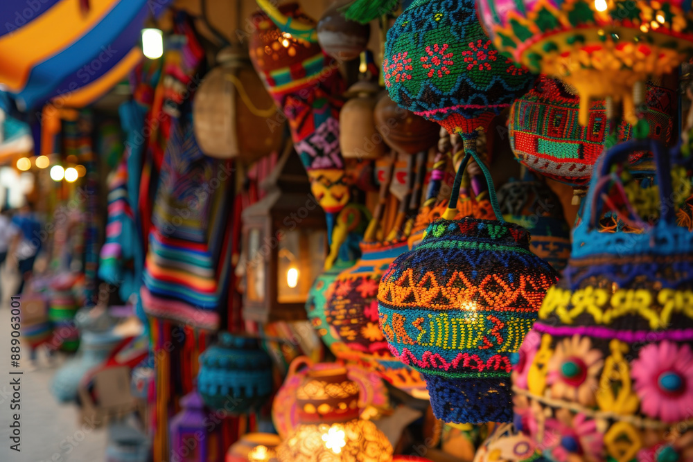 Warmly lit market stall with handmade textile lamps, vibrant colors, intricate designs, and cultural touch. Mesmerizing display capturing local tradition and essence Warmly lit market stall with handmade textile lamps, vibrant colors, intricate designs, and cultural touch. Mesmerizing display capturing local tradition and essence