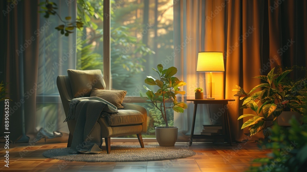 Fototapeta premium Cozy reading nook with an armchair and floor lamp.