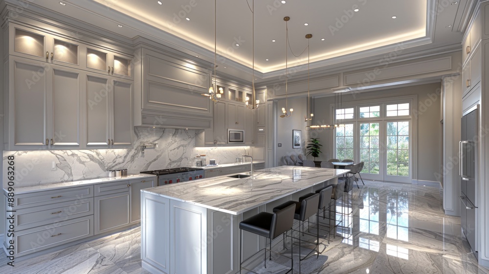 Spacious kitchen with a large island and modern appliances. Spacious kitchen with a large island and modern appliances.