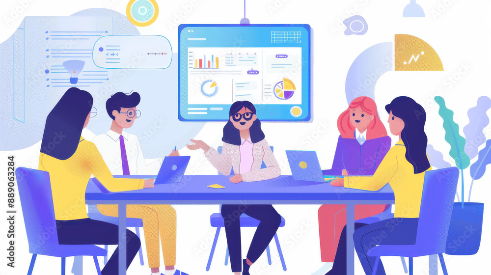 An Indian software developer explaining financial software concepts to a diverse female team around a conference table An Indian software developer explaining financial software concepts to a diverse female team around a conference table