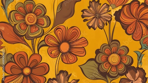 A retro style desktop wallpaper that captures the essence of the 70s. Featuring iconic palettes of stylized flowers in orange, brown, and green. A Design with swirling petals and psychedelic shapes.