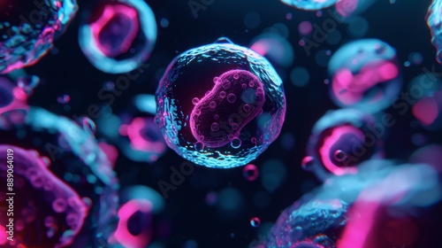 Human cell surrounded by digital holograms, 3D illustration, neon colors, detailed structures, futuristic setting