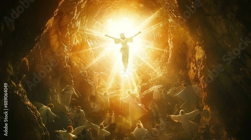 Jesus Christ resurrecting from the tomb with bright light and angels surrounding. The scene is triumphant and glorious, symbolizing victory over death. photo