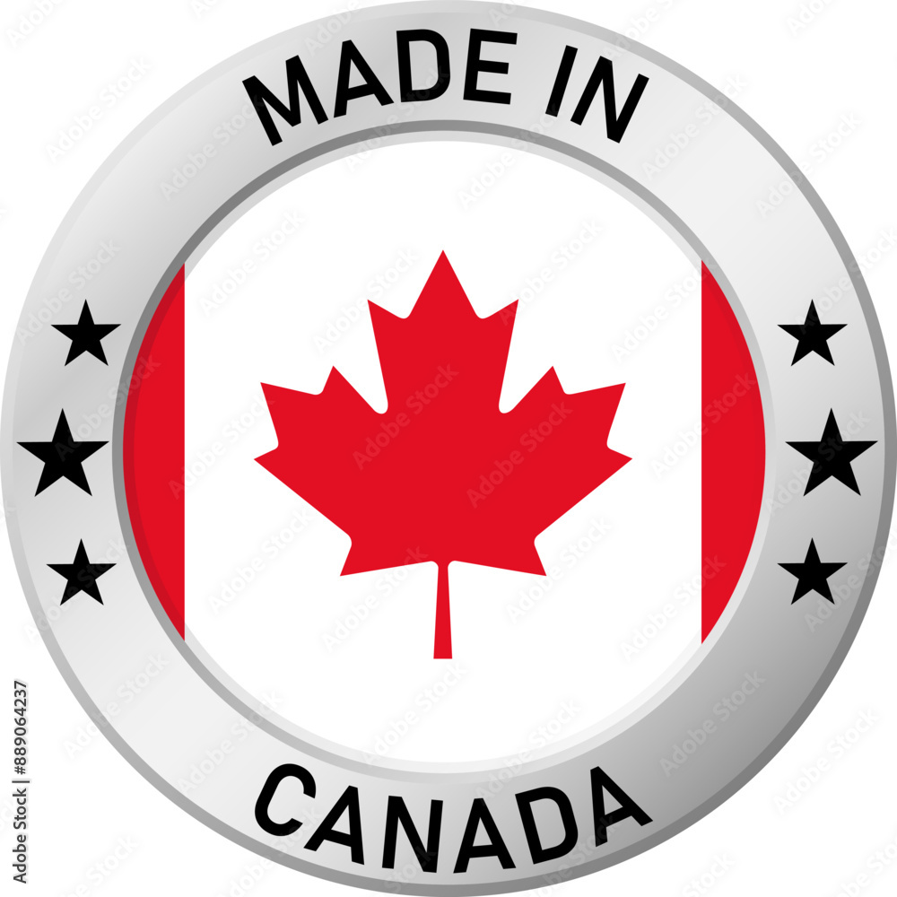 Chrome ring with the inscription: Made in Canada, in the center - a circle and the flag of Canada. For industrial enterprises, products, production. Vector illustration. Chrome ring with the inscription: Made in Canada, in the center - a circle and the flag of Canada. For industrial enterprises, products, production. Vector illustration.