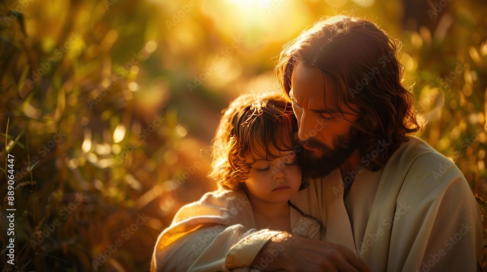 Jesus Christ comforting a child in a serene and peaceful setting. The scene is warm and tender, symbolizing love and compassion. Jesus Christ comforting a child in a serene and peaceful setting. The scene is warm and tender, symbolizing love and compassion.