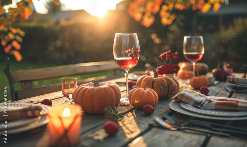 Abstract Company Gathering and Thanksgiving Table Setting Outdoors with Pumpkins and Candles. Autumn Home Decor and Outdoor Picnic for Relaxation and Romantic End-of-Year Events. Web Banner Design wit Abstract Company Gathering and Thanksgiving Table Setting Outdoors with Pumpkins and Candles. Autumn Home Decor and Outdoor Picnic for Relaxation and Romantic End-of-Year Events. Web Banner Design wit