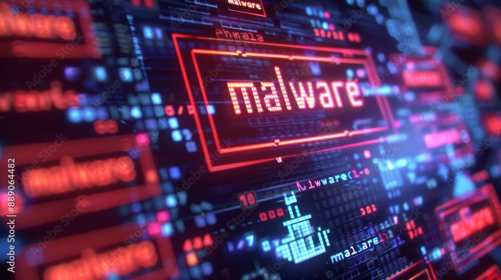 Digital rendering of malware warning on a futuristic holographic interface. Concept of cybersecurity, cyber threat, digital security. Digital rendering of malware warning on a futuristic holographic interface. Concept of cybersecurity, cyber threat, digital security.